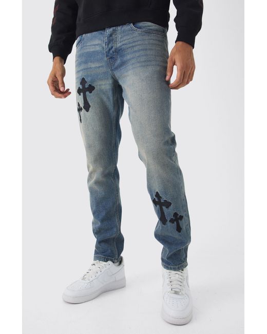 BoohooMAN Blue Slim Rigid Cross Embroidered Jeans for men