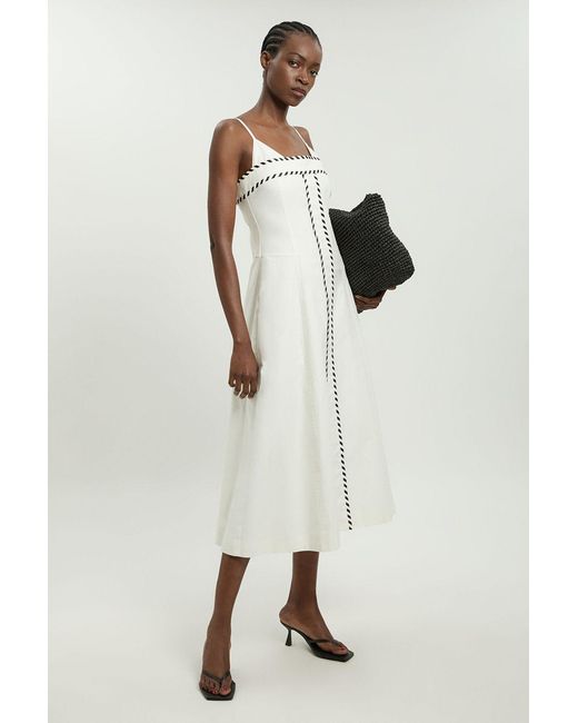 Karen Millen Natural Petite Premium Linen Clean Tailored Midi Dress