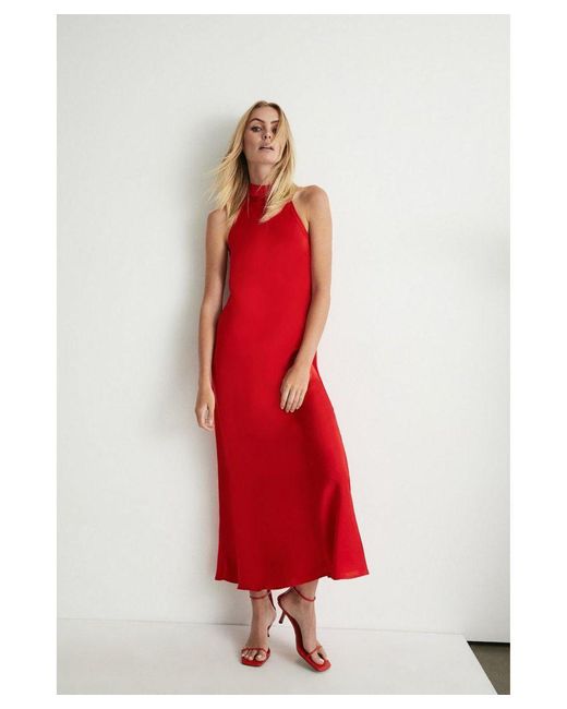 Warehouse Red Satin Halter Neck Backless Slip Dress