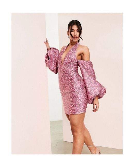ASOS Pink Halter Neck Mini Dress With Cold Shoulder Cuff Sleeves