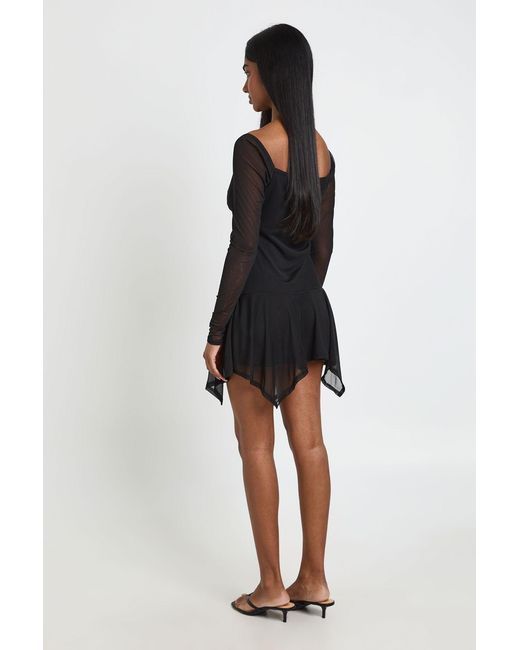 Boohoo Black Mesh Square Neck Frill Hem Skater Dress