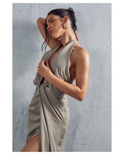 MissPap Gray Premium Satin Twist Detail Maxi Dress