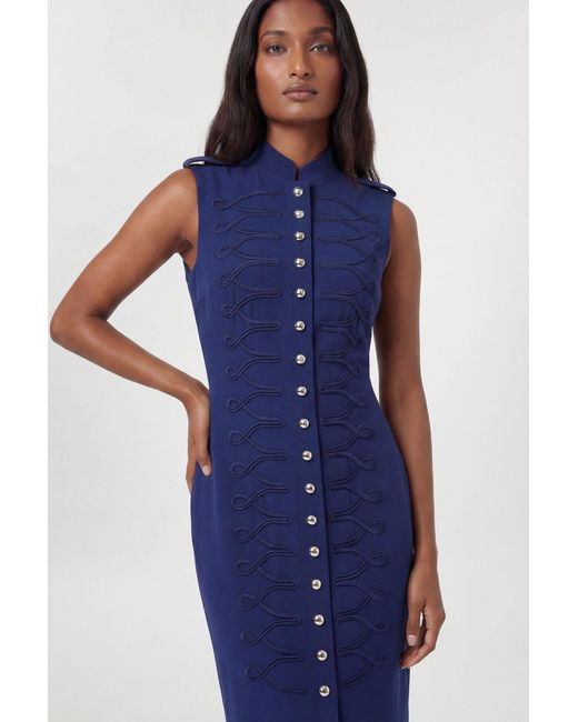 Karen Millen Blue Petite Compact Stretch Button Detail Straight Pencil Dress