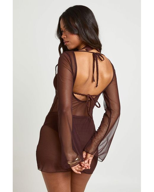 Boohoo Brown Sheer Mesh Mini Beach Dress