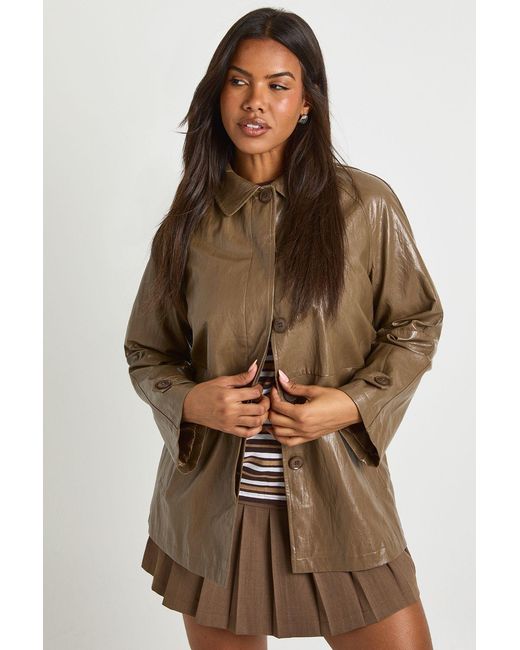 Boohoo Brown Short Collared Faux Leather Trench Coat