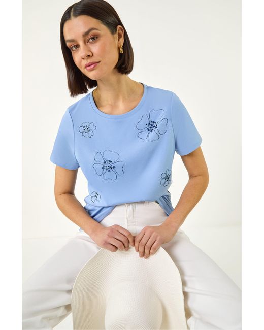 Roman Blue Embellished Flower Cotton T-Shirt