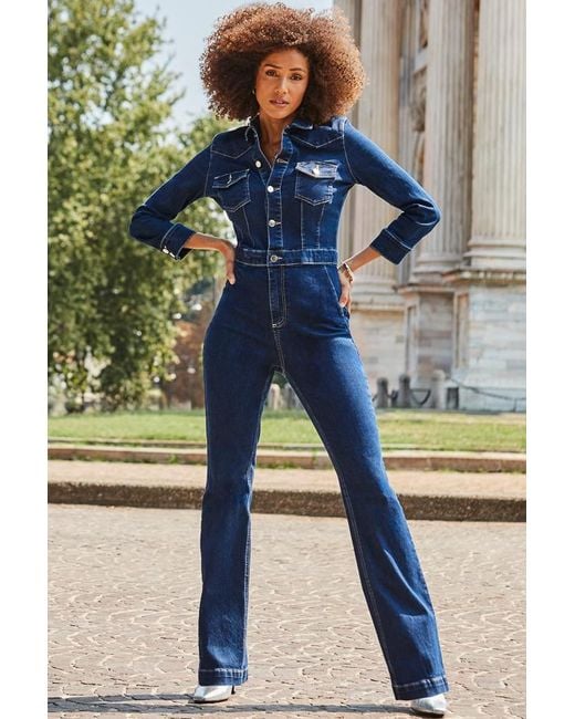 Sosandar Blue Bootcut Denim Jumpsuit