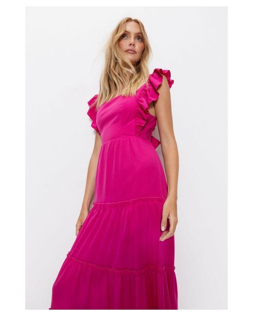 Warehouse Pink Ruffle Tie Back Tiered Midi Dress