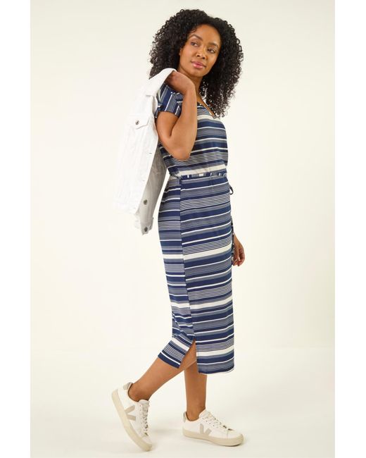 Roman Blue Petite Stripe Tie Waist Midi Dress