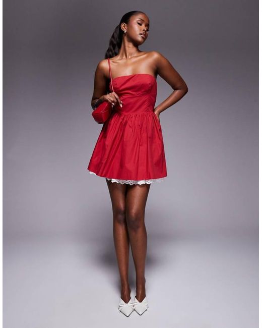 Kaiia Red Exclusive Cotton Rich Poplin Bandeau Contrast Lace Hem Mini Skater Dress