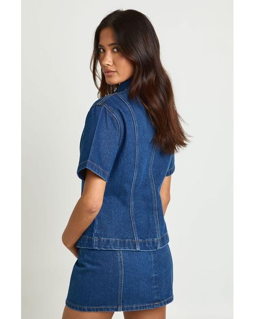 Boohoo Blue Concealed Placket Cinched Denim Shirt