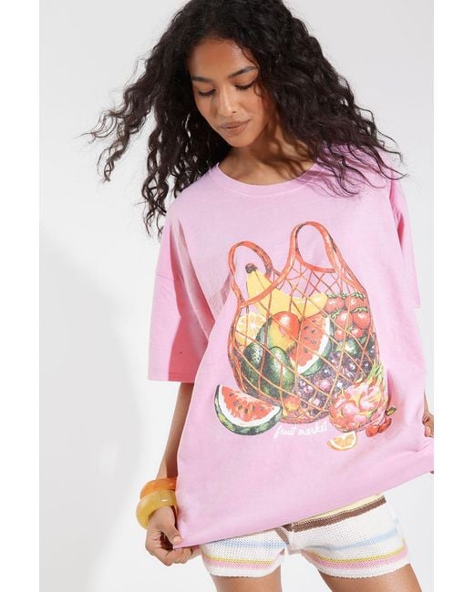 Boohoo Pink Fruit Market Bag Printed Overdye T-Shirt