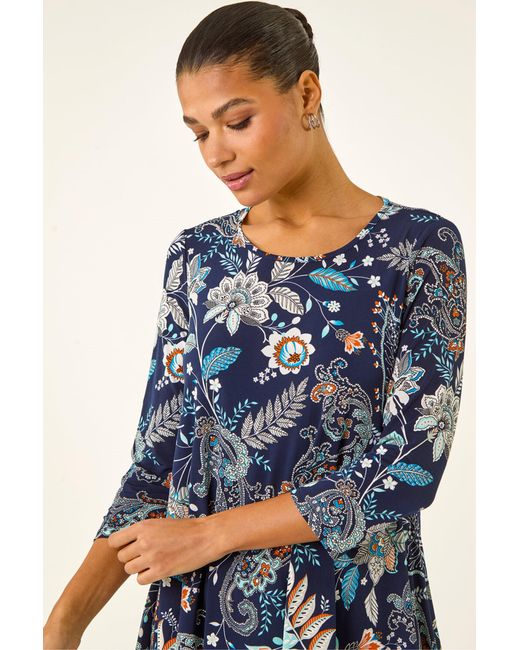 Roman Blue Paisley Hanky Hem Stretch Tunic Top