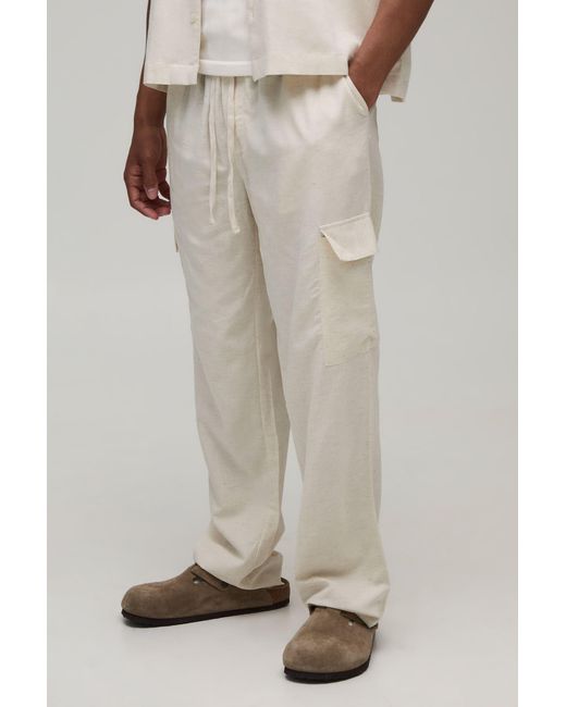 BoohooMAN Natural Straight Fit Linen Look Cargo Trouser for men