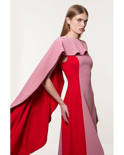 Karen Millen Petite Soft Tailored Colour Block Cape Detail Full Skirted Maxi Dress