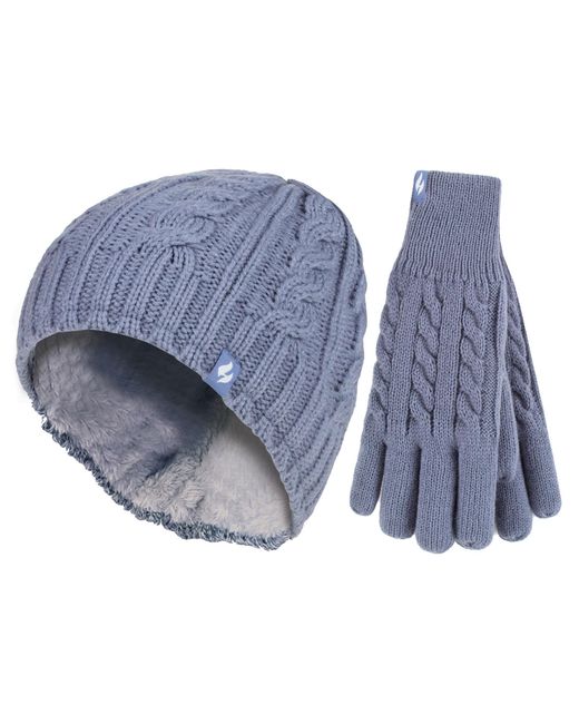 Heat Holders Blue Ladies Fleece Lined Thermal Hat & Gloves Set For Winter