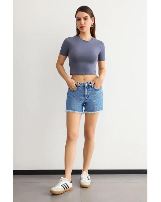 Hiccup Blue Crew Neck Basic Crop-Top
