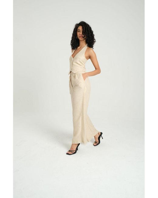 Hiccup Natural 2 Pieces: V Neck Tweed Buttoned Waistcoat & High Waist Wide Leg Trousers