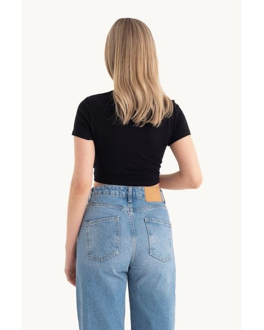 Hiccup Blue Deep V Neck Knot Front Cap Sleeve Crop Top