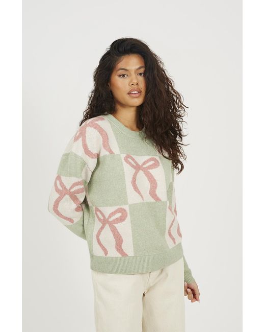 Brave Soul White Pale Bow Jacquard Knit Jumper