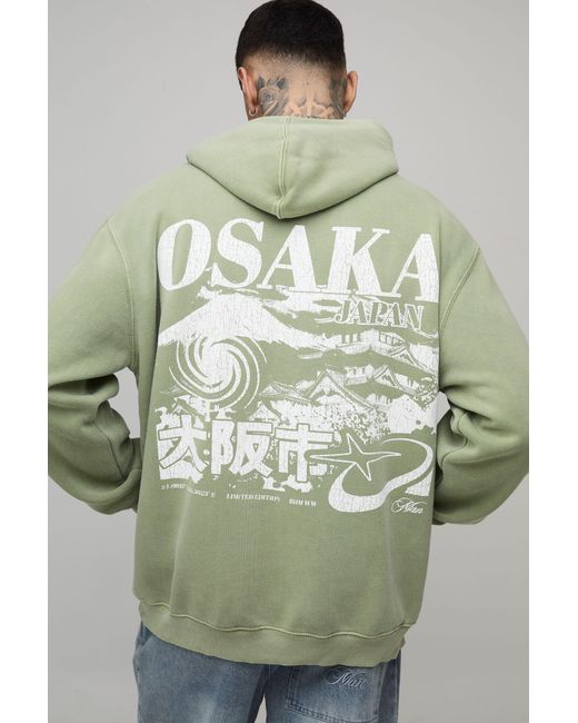 BoohooMAN Green Tall Oversized Osaka Washed Printed Hoodie for men