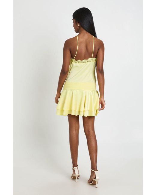 Boohoo Yellow Satin & Lace Drop Hem Mini Dress
