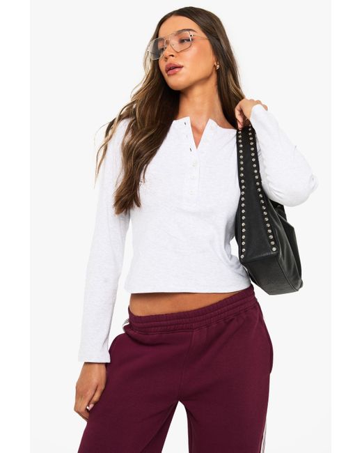 Boohoo White Cotton Henley Button Front Long Sleeve Top