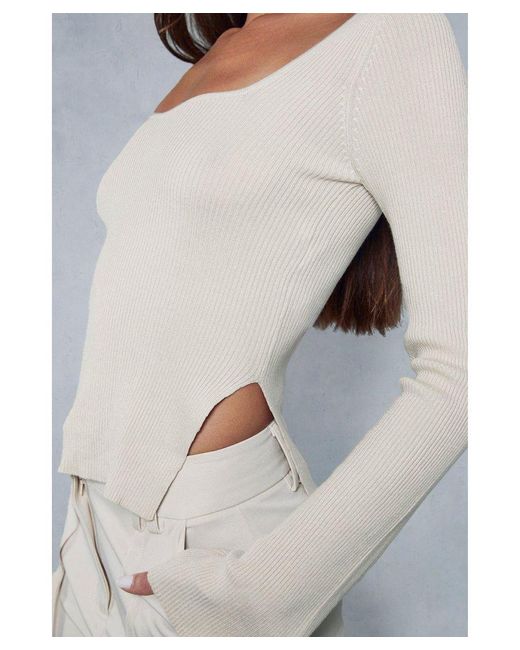 MissPap Gray Knitted Ribbed Plunge Sweetheart Neckline Top