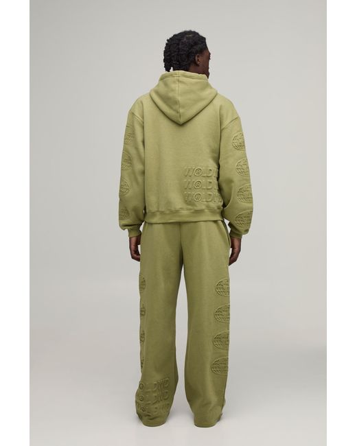 BoohooMAN Green Oversized Boxy Worldwide Embossed Wide Leg Tracksuit for men