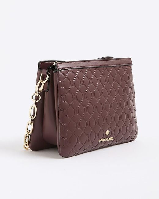 River Island Brown Crossbody Bag Embossed Monogram Chain