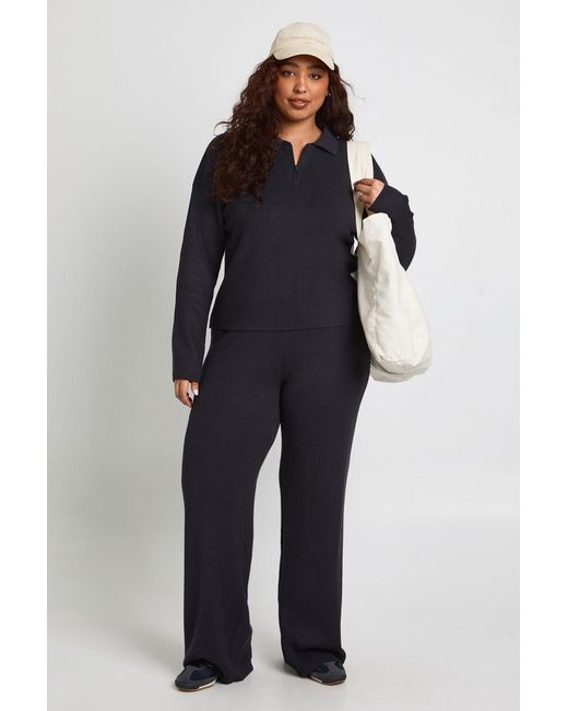 Boohoo Blue Plus Premium Long Sleeve Collared Rib Knit Top