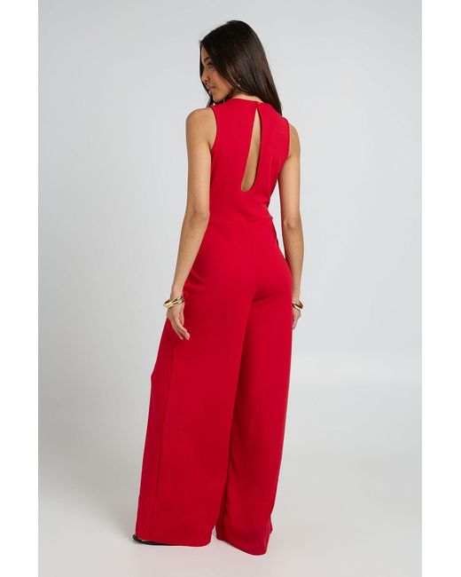 Boohoo Red Belted Trim Detail Wide Leg Jumpsuit