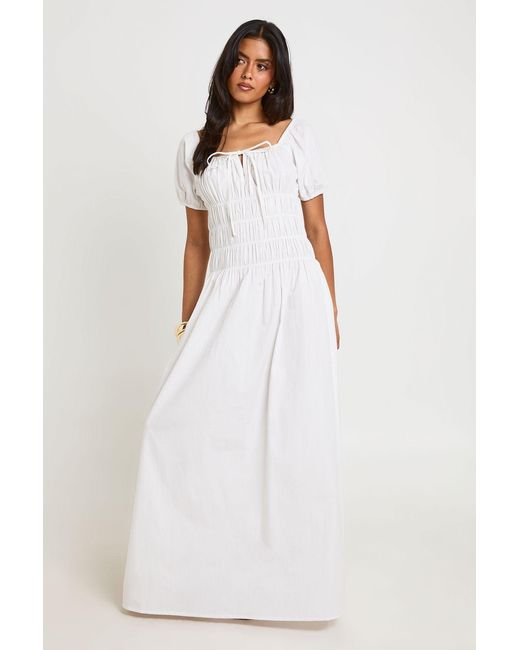 Boohoo White Cotton Poplin Shirred Bodice Puff Sleeve Maxi Dress