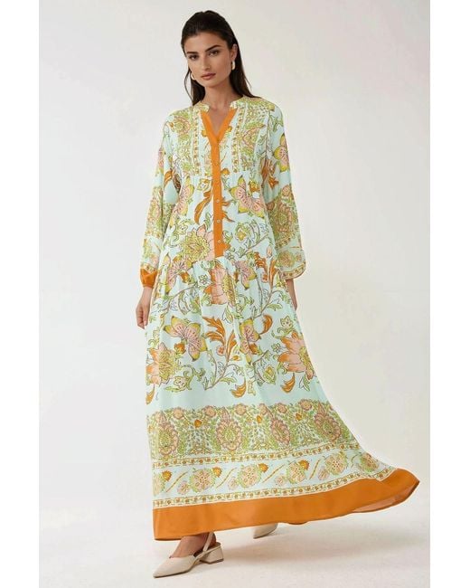 Hiccup Yellow Printed Long Sleeve Viscose Maxi Dress