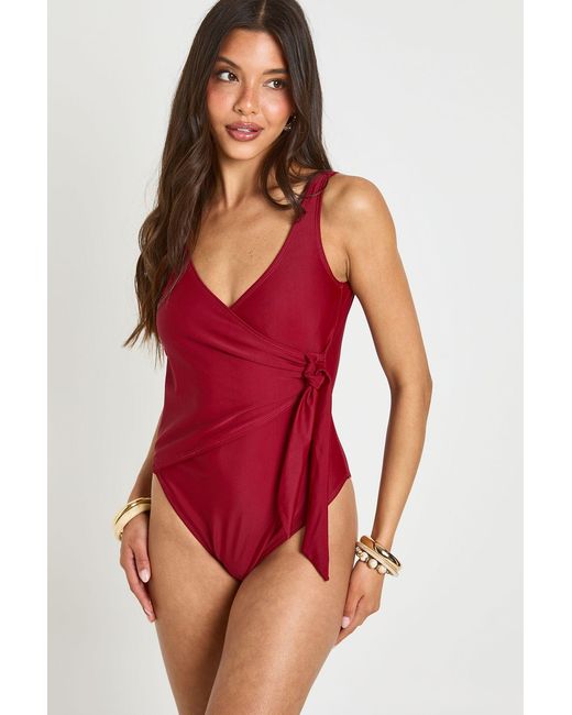 Boohoo Red Tummy Control Wrap Detail Swimsuit