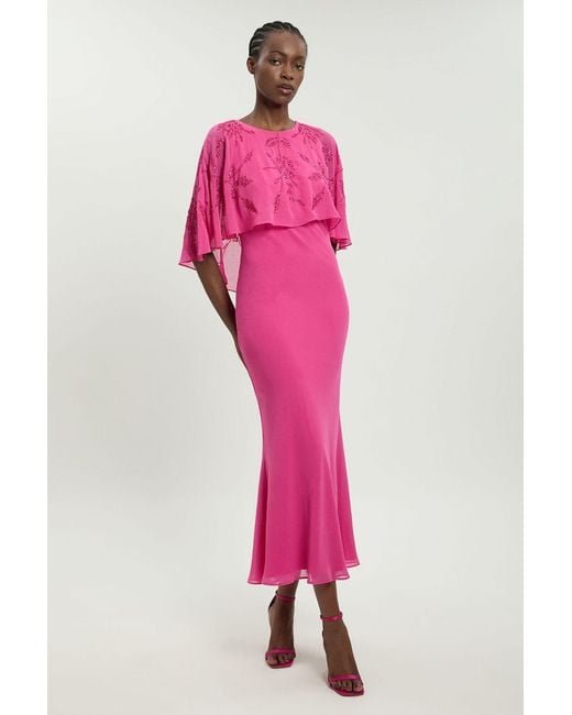 Karen Millen Pink Petite Beaded Cape Detail Maxi Dress