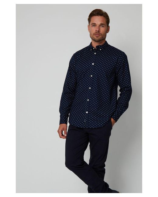 Threadbare Blue Navy 'leonhard' Geometric Print Long Sleeve Shirt Cotton for men