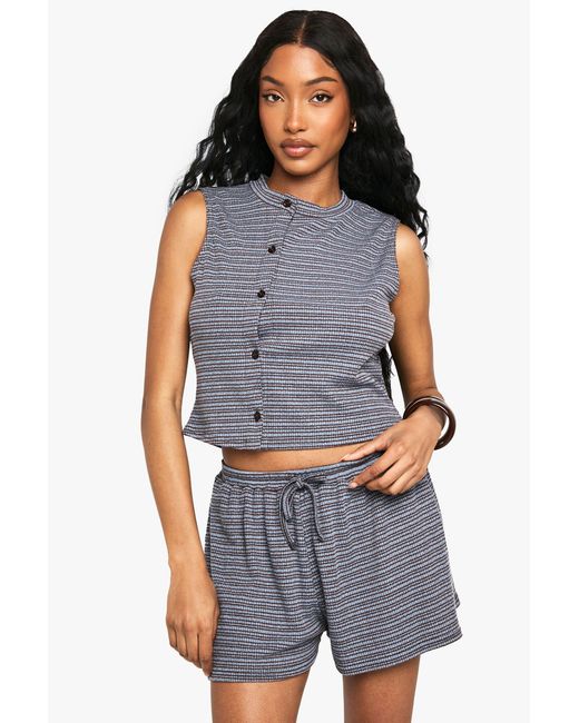 Boohoo Blue Striped Jersey Asym Button Sleeveless Tank