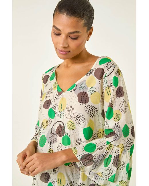 Roman Green Abstract Spot Flare Sleeve Top