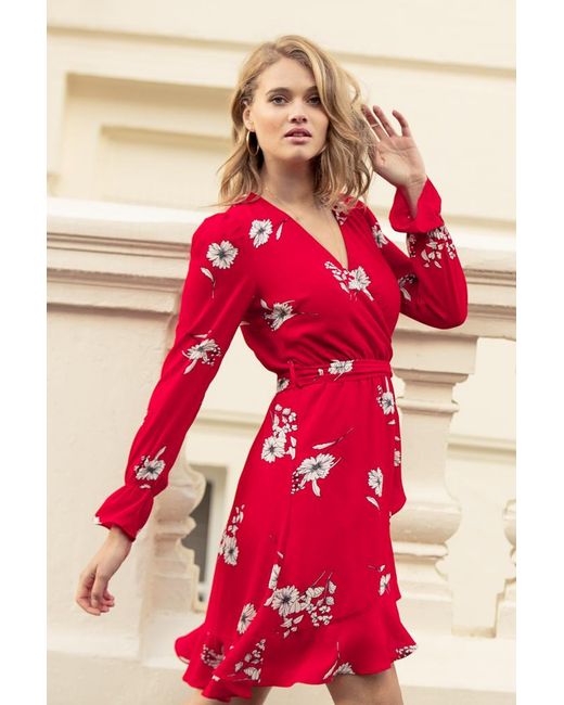Sosandar Red Floral Faux Wrap Dress