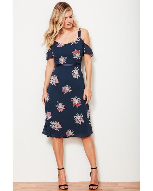 Sosandar Blue Bold Bloom Cold Shoulder Dress