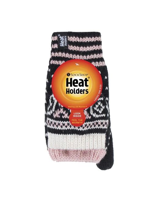 Heat Holders Black Ladies Warm Fairisle Patterned Thermal Fingerless Converter Gloves