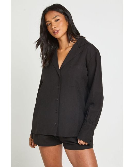 Boohoo Black Petite Linen Look Boyfriend Shirt & Relaxed Fit Shorts