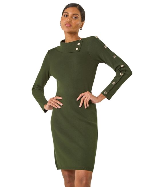 Roman Green Button Detail Roll Neck Jumper Dress