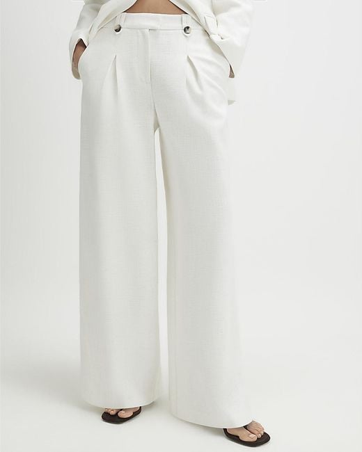 River Island White Wide Leg Trousers Linen Look Pleated Cotton