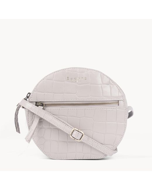Assots London Gray Jane' Embossed Croc Leather Round Designer Crossbody Bag