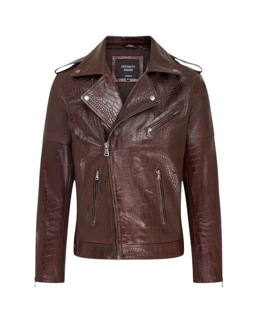 Infinity Leather Brown Cow Alligator Print Embossed Biker Jacket for men