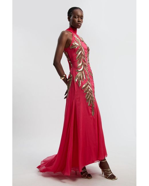 Karen Millen Red Georgette Feather Embellished Halter Neck Woven Maxi Dress