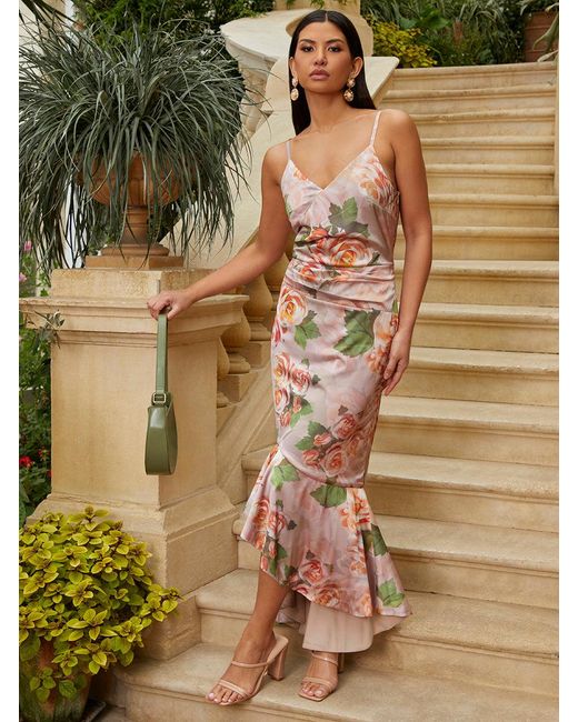 Chi Chi London Green Sleeveless Floral Print Ruffle Midi Dress