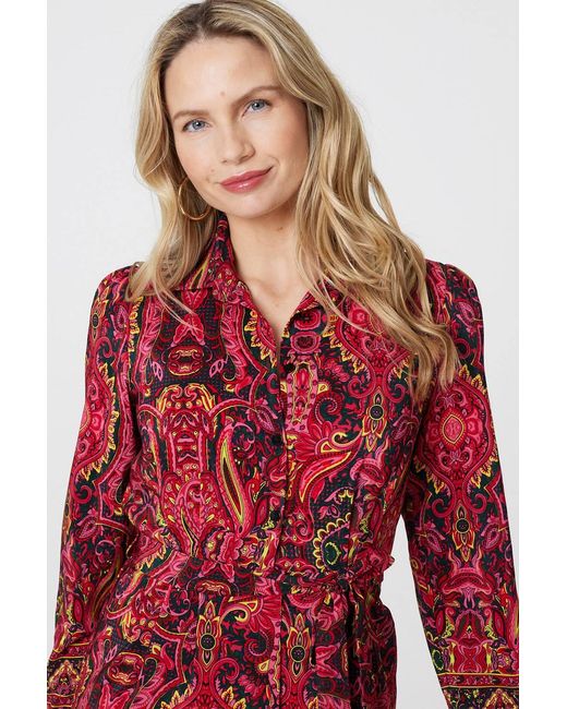 Izabel London Red Mosaic Print Long Sleeve Short Shirt Dress